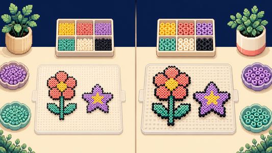 Pixel art comparison of compact 2.6mm mini fuse beads and larger 5mm fuse beads