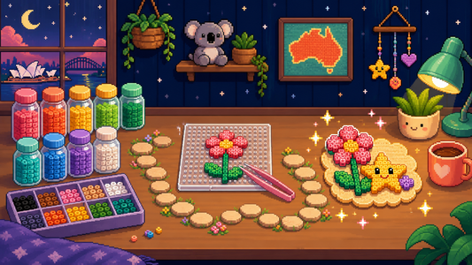 Pixel art beginner journey from organised fuse beads to a finished flower project