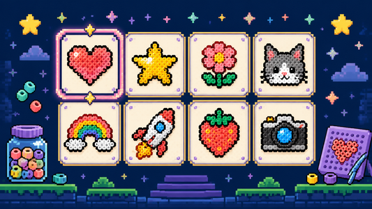 Original beginner fuse bead pattern ideas shown as colourful pixel art motifs