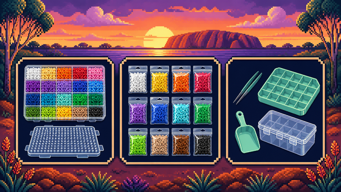 Pixel art comparison of a fuse bead kit, colour refill bags, tools and storage