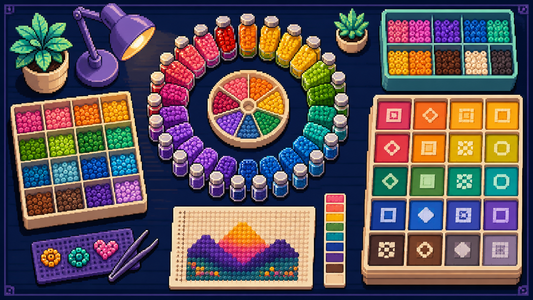 Pixel art colour-planning workspace with organised fuse bead palettes and a colour wheel