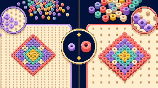 Close pixel art comparison of smaller 2.6mm beads and larger 5mm beads on matching pegboards
