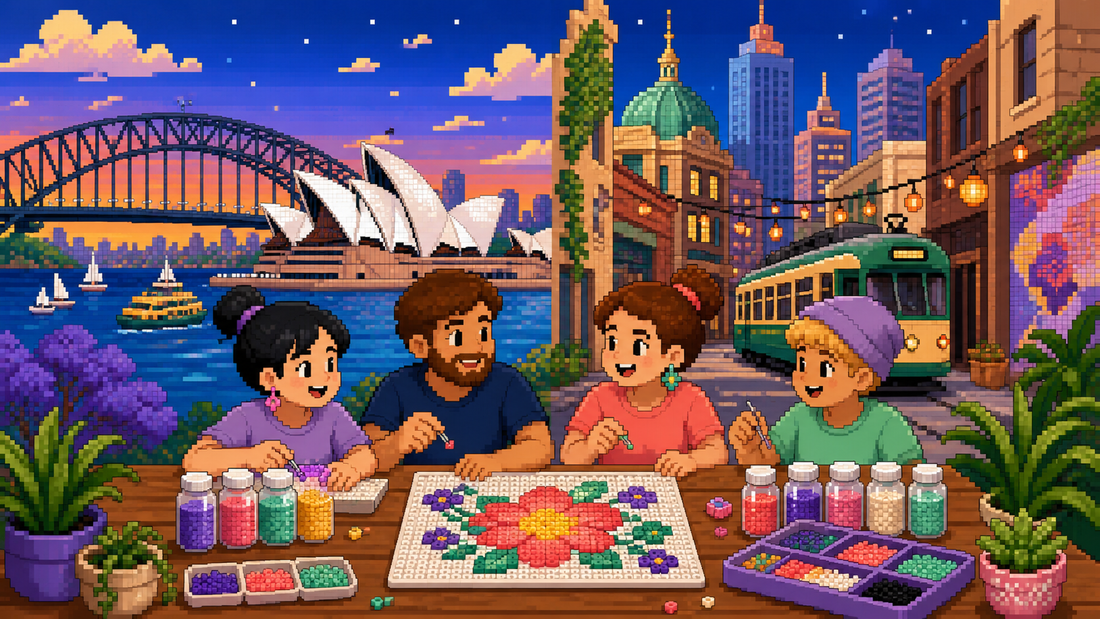Pixel art craft scene inspired by Sydney Harbour and Melbourne laneways