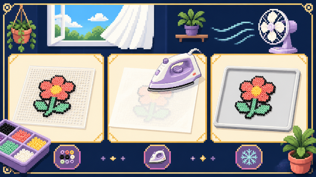 Pixel art sequence showing a bead pattern, protective ironing sheet and cooled project