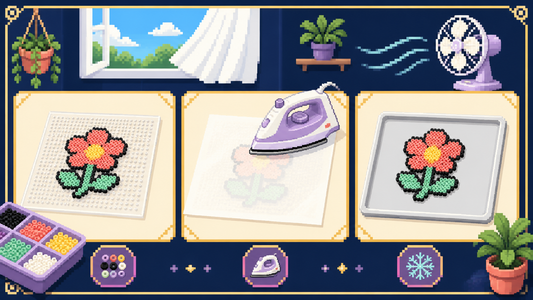 Pixel art sequence showing a bead pattern, protective ironing sheet and cooled project