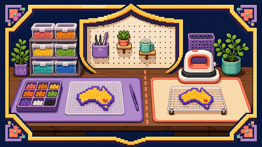 Pixel art mini fuse bead workspace with separate crafting and heat-finishing areas