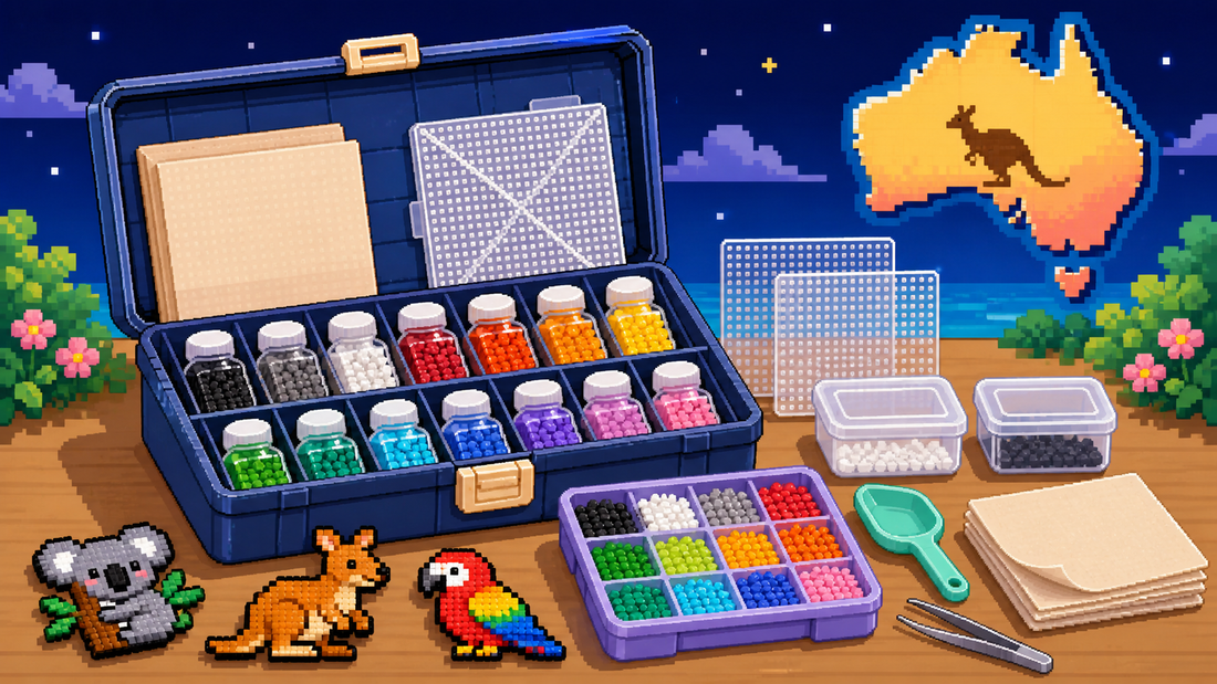 Open mini fuse bead starter kit with colour bottles, pegboards, tools and storage