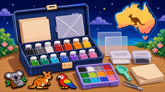 Open mini fuse bead starter kit with colour bottles, pegboards, tools and storage