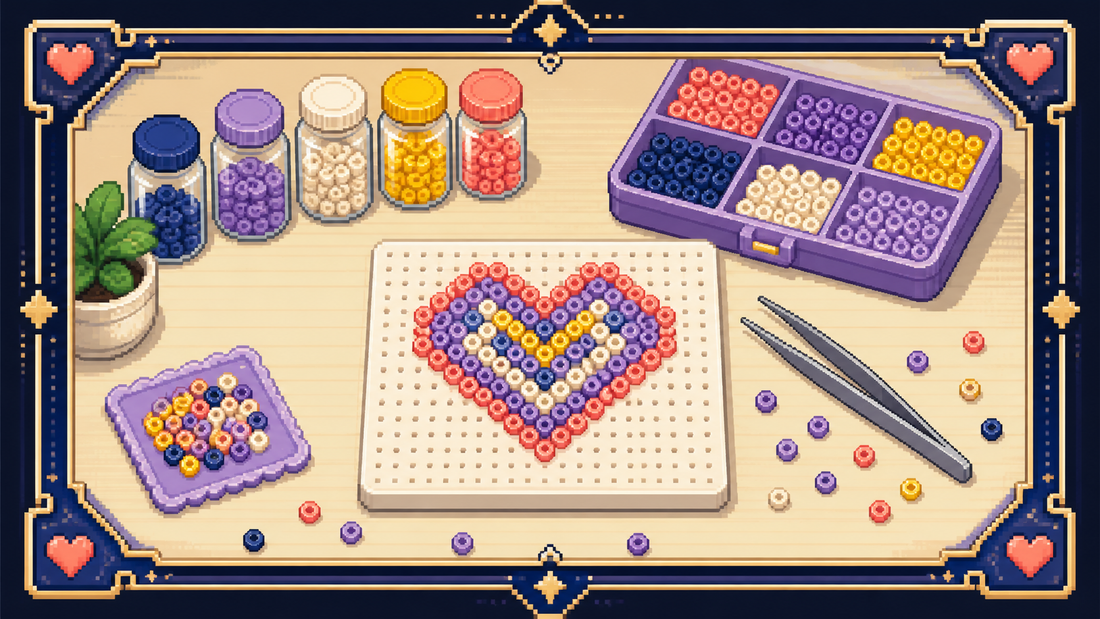 Pixel art workbench with mini fuse beads, pegboard, tweezers and colour storage