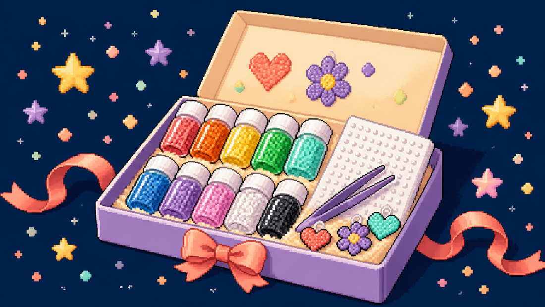 Pixel art gift box with colourful mini fuse beads, pegboard, tweezers and original charms