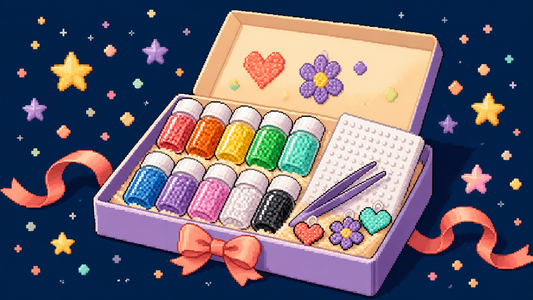 Pixel art gift box with colourful mini fuse beads, pegboard, tweezers and original charms