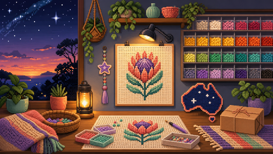 Cosy Australian pixel art craft studio with organised fuse bead colours and original flower art