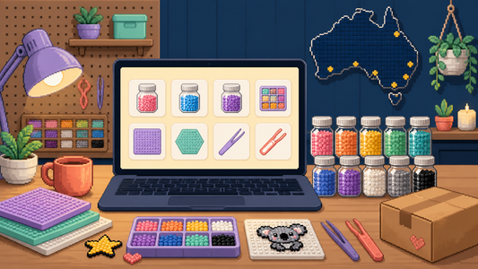 Pixel art Australian shopping desk with mini fuse bead kits, tools and colour bottles