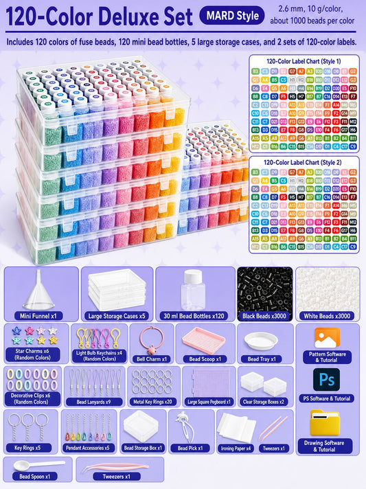 Pixology 120-colour 2.6mm mini fuse bead deluxe bottle kit contents