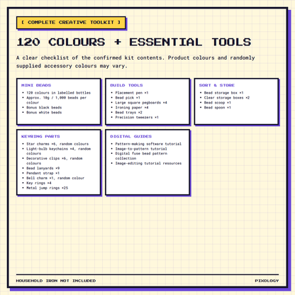 120 colours and essential tools included in the Pixology 120-colour 2.6mm mini fuse bead kit