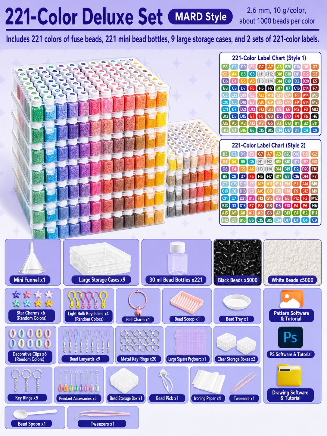 Pixology 221-colour 2.6mm mini fuse bead deluxe bottle kit contents