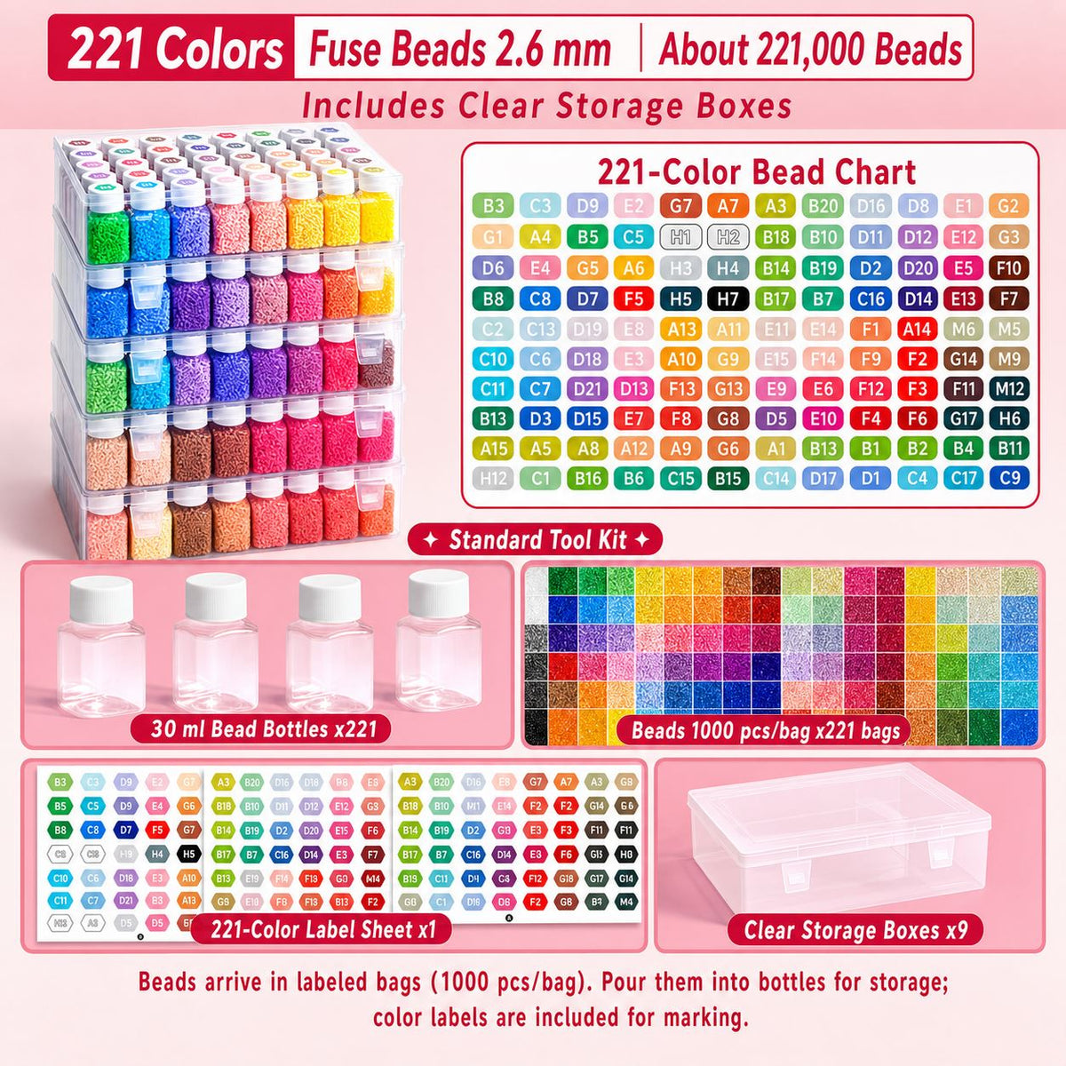 Real 221 colour 2.6mm mini fuse bead chart and storage set