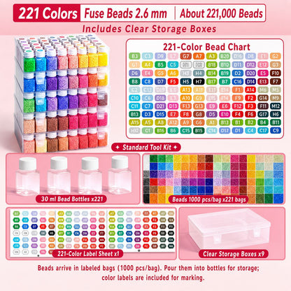 Real 221 colour 2.6mm mini fuse bead chart and storage set
