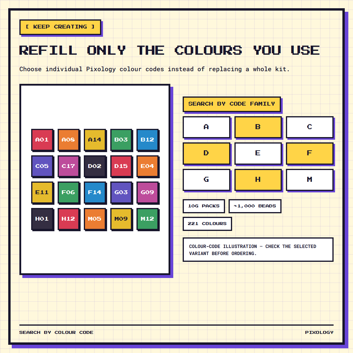 Refill used colours from the Pixology 221-colour mini fuse bead system