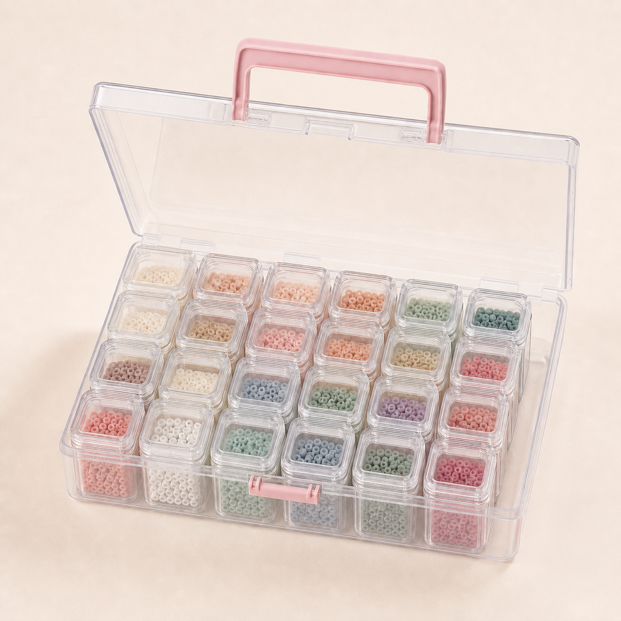 Clear carry case containing 24 square mini fuse bead storage bottles