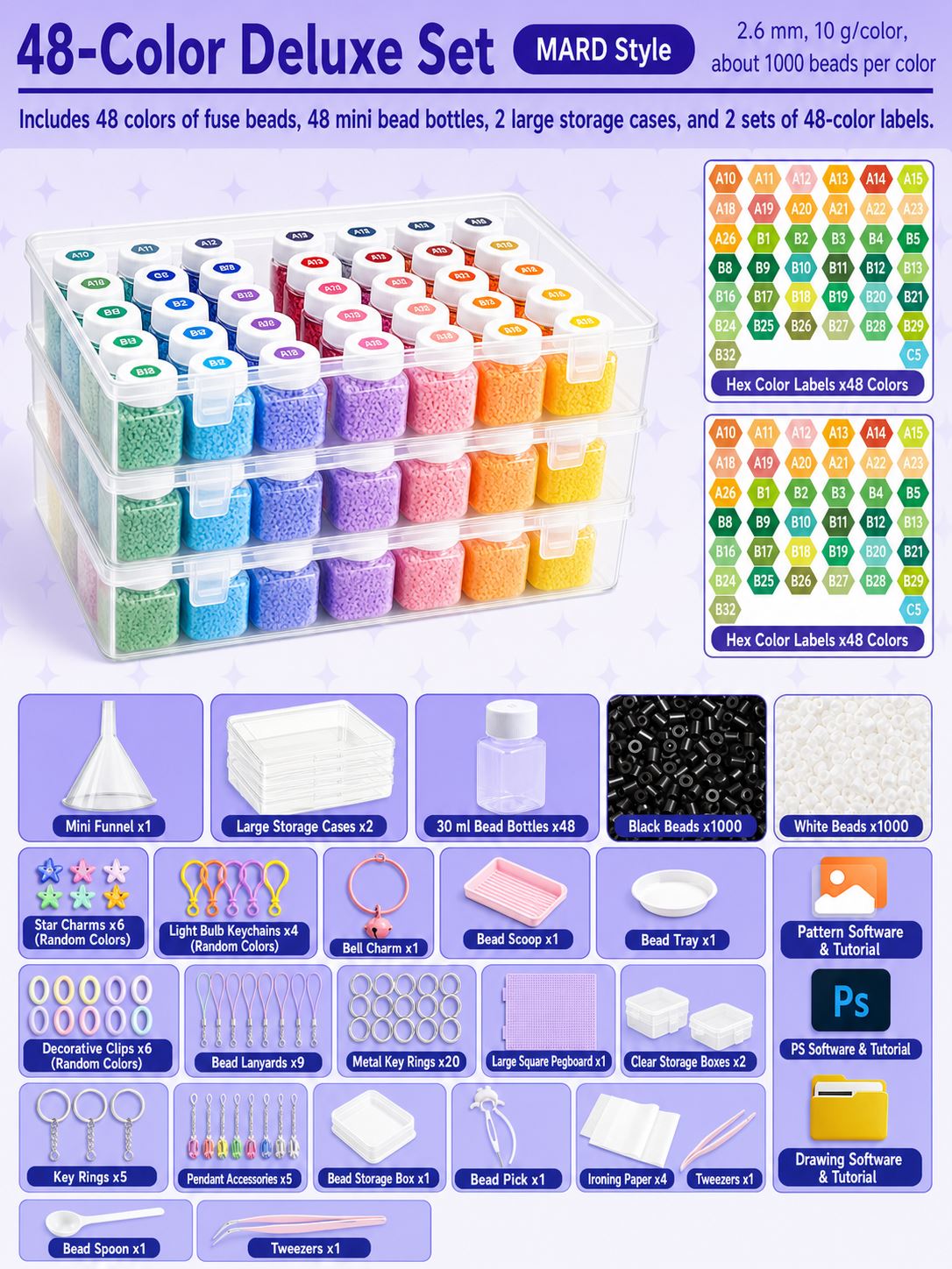 Pixology 48-colour 2.6mm mini fuse bead deluxe bottle kit contents