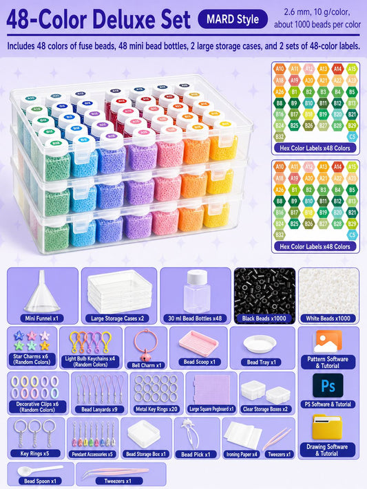 Pixology 48-colour 2.6mm mini fuse bead deluxe bottle kit contents