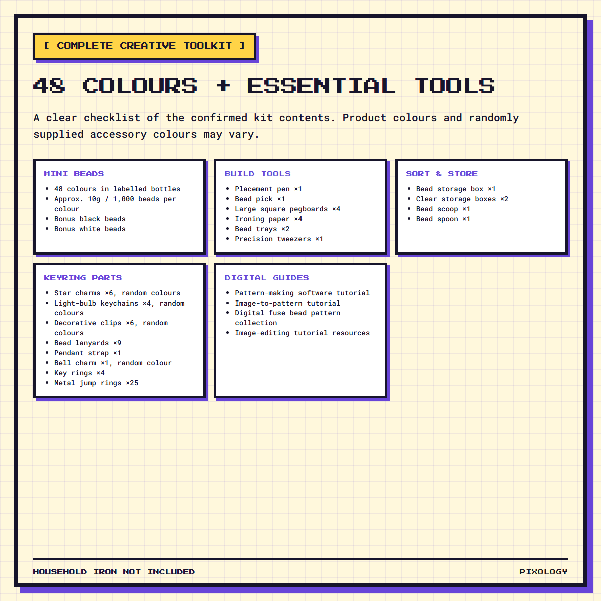 48 colours and essential tools included in the Pixology 48-colour 2.6mm mini fuse bead kit