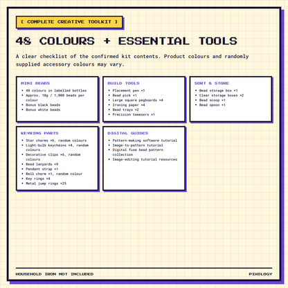 48 colours and essential tools included in the Pixology 48-colour 2.6mm mini fuse bead kit
