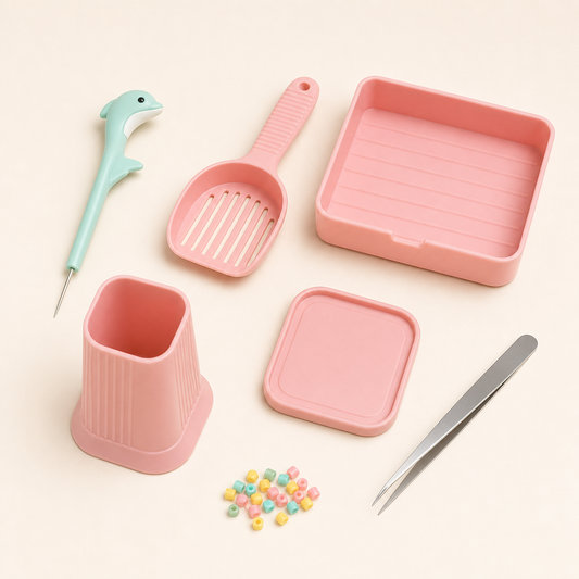 Six-piece mini fuse bead tool set with positioning needle, scoop, sorting box, holder, lid and tweezers