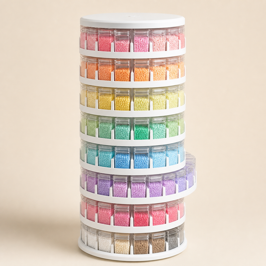 Rotating multi-tier storage tower filled with mini fuse bead bottles